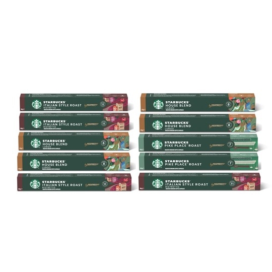 Eight boxes of Starbucks coffee pods in various blends, including Italian Style Roast and House Blend, are displayed.