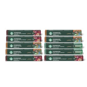 Eight boxes of Starbucks coffee pods in various blends, including Italian Style Roast and House Blend, are displayed.