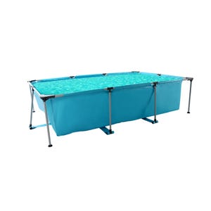 A rectangular above-ground framed pool filled with water, supported by metal legs and a blue liner.