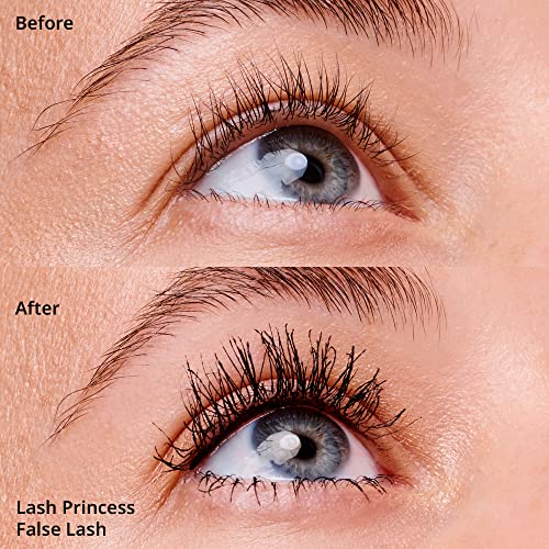 Before and after comparison of eyelashes without and with Essence Lash Princess False Lash Effect Mascara, showcasing the volumizing and lengthening effects.