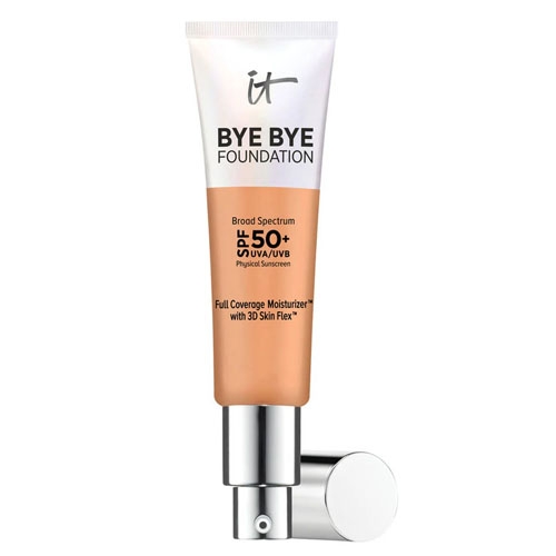 IT Cosmetics Bye Bye Foundation, a full coverage moisturizer with SPF 50+ broad spectrum UVA/UVB physical sunscreen.