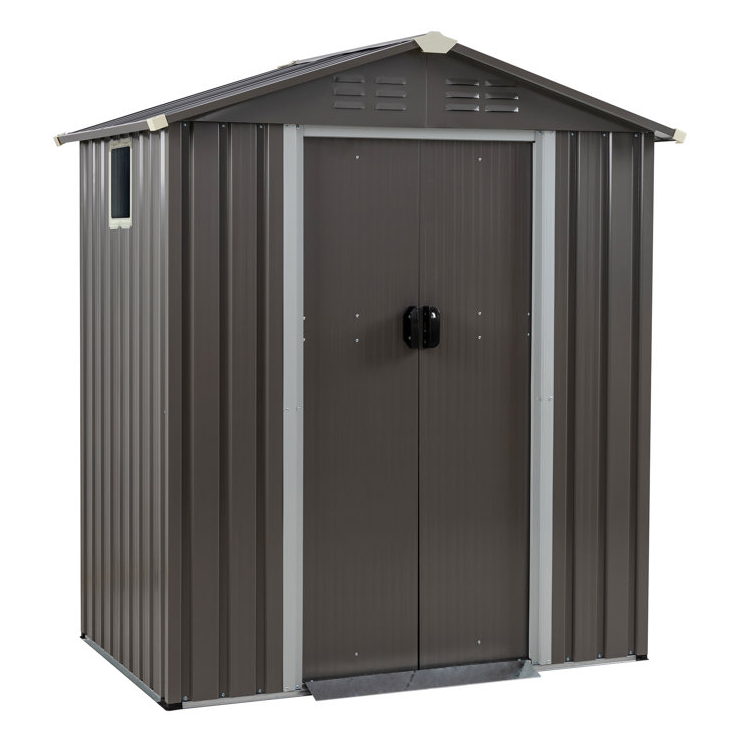 A compact 5' x 3' steel storage shed with a gabled roof, double doors, side windows, and a dark brown finish. Ideal for organizing and protecting garden tools and outdoor equipment.