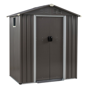 A compact 5' x 3' steel storage shed with a gabled roof, double doors, side windows, and a dark brown finish. Ideal for organizing and protecting garden tools and outdoor equipment.