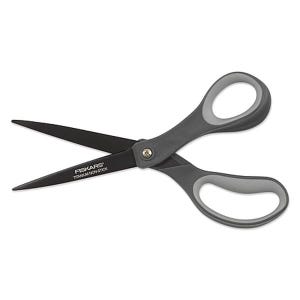 Fiskars 8\“ scissors feature titanium and non-stick blades with gray ergonomic handles, designed for smooth cutting and reduced residue buildup.