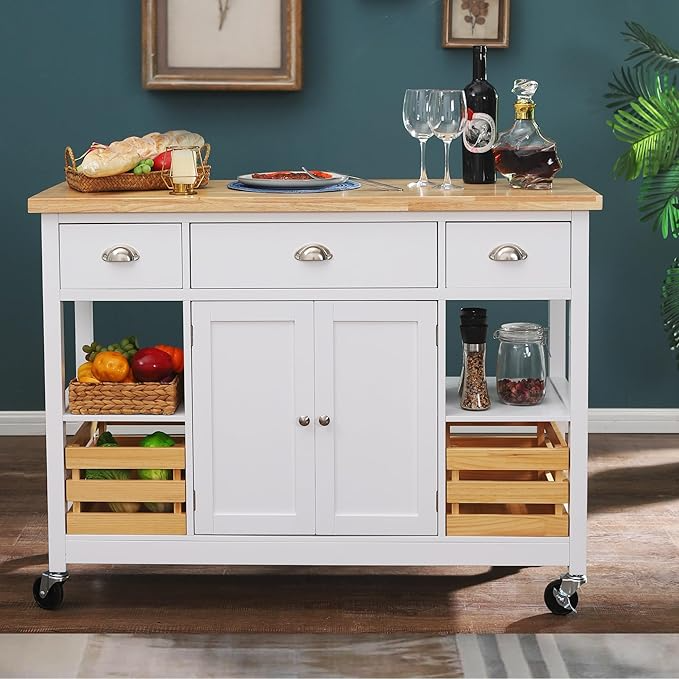 White kitchen island cart with wooden countertop, two drawers, cabinets, and open shelves, accessorized with food items and cookware.