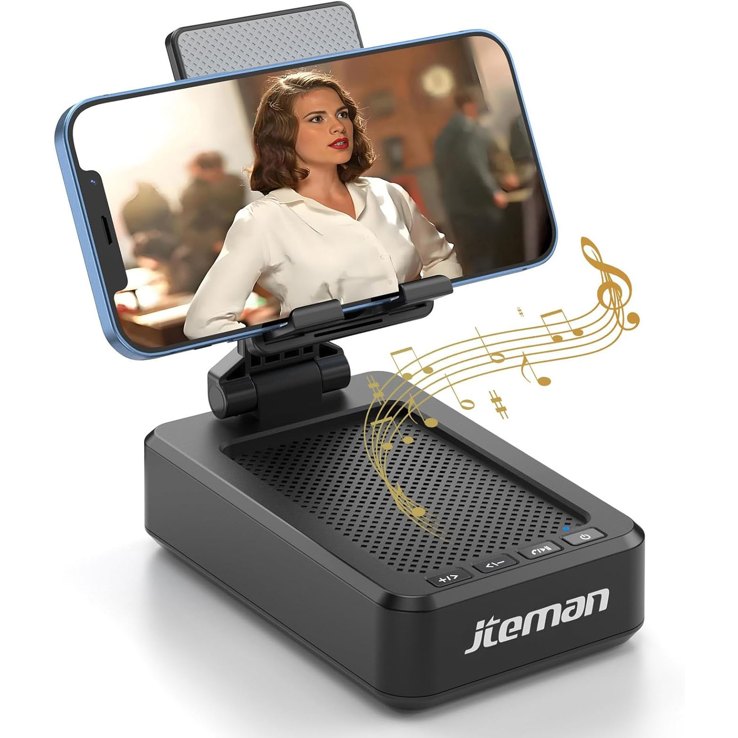 A phone holder with a built-in speaker is shown, featuring musical notes indicating sound output. The phone is held securely in a horizontal position above the speaker, with a figure visible on the screen.
