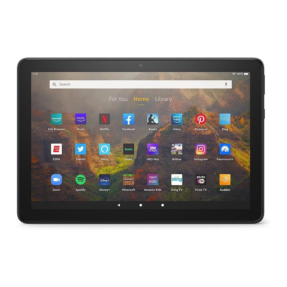 Amazon Fire HD 10 Tablet featuring a 10.1-inch HD display, black bezel, and a variety of pre-installed applications visible on the home screen.