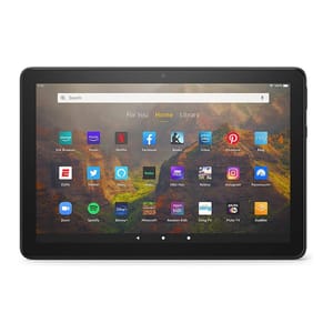 Amazon Fire HD 10 Tablet featuring a 10.1-inch HD display, black bezel, and a variety of pre-installed applications visible on the home screen.