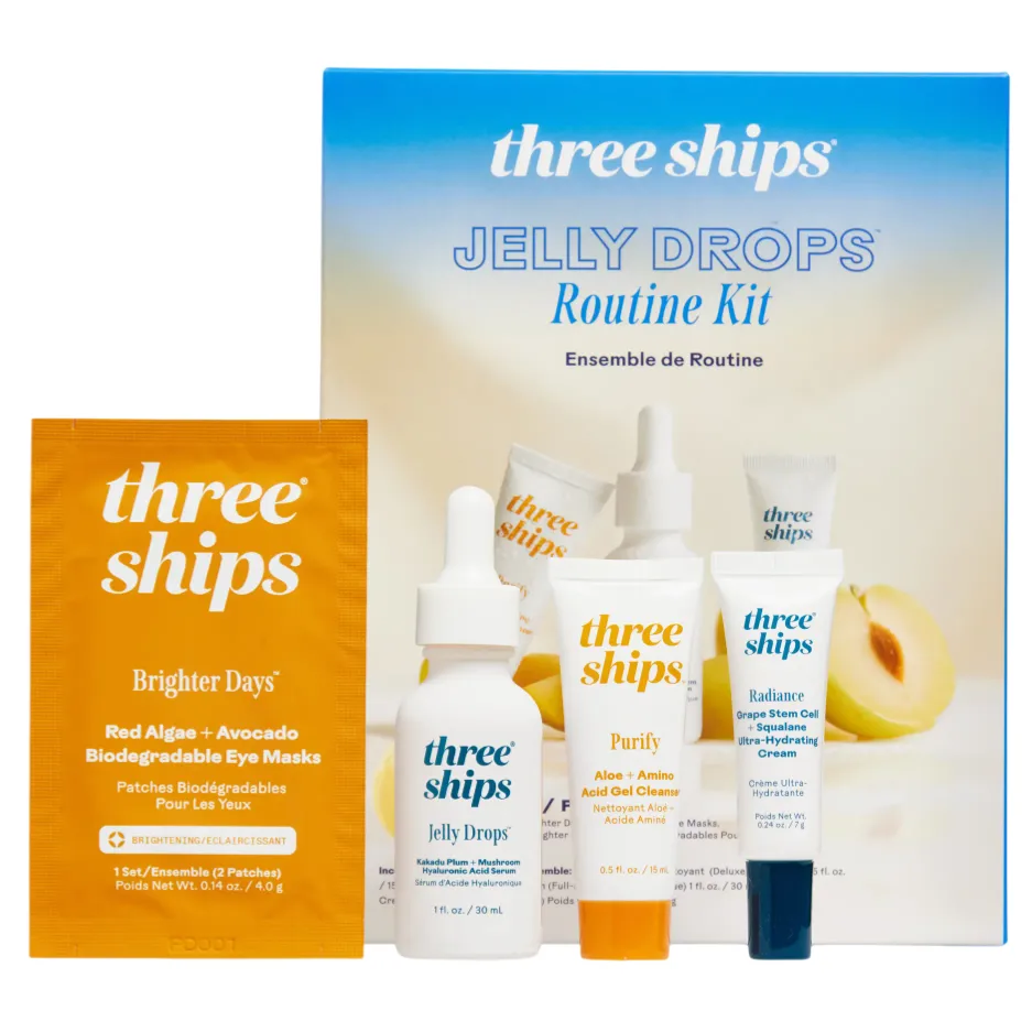 Three Ships Jelly Drops Routine Kit includes Brighter Days Red Algae + Avocado Biodegradable Eye Masks, Jelly Drops Hyaluronic Acid Serum, Purify Aloe + Amino Acid Gel Cleanser, and Radiance Grape Stem Cell + Squalane Ultra-Hydrating Cream.