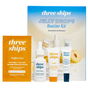 Three Ships Jelly Drops Routine Kit includes Brighter Days Red Algae + Avocado Biodegradable Eye Masks, Jelly Drops Hyaluronic Acid Serum, Purify Aloe + Amino Acid Gel Cleanser, and Radiance Grape Stem Cell + Squalane Ultra-Hydrating Cream.