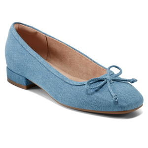 Light blue, low-heeled ballet flat with a bow on the toe and a textured fabric finish.