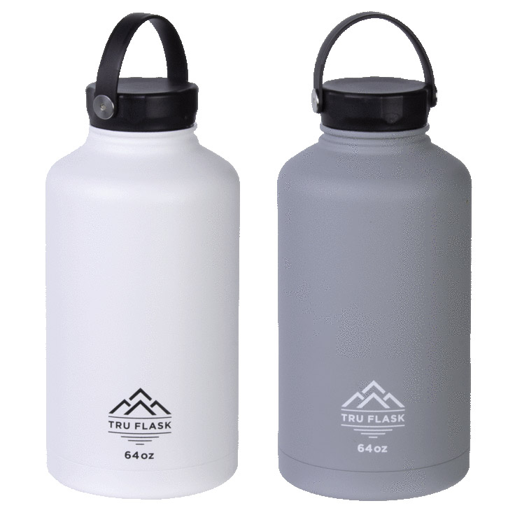 Two insulated water bottles, one white and the other gray, each labeled \“TRU FLASK\“ with a 64oz capacity, featuring a loop on the lid for easy carrying.