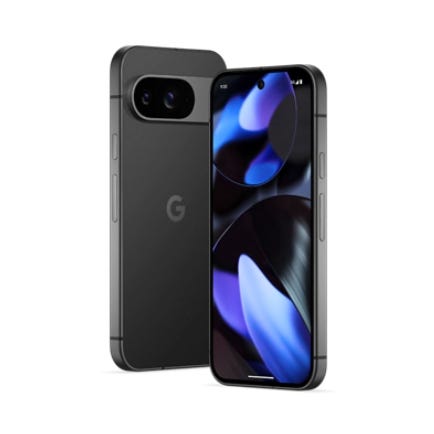 T-Mobile Google Pixel 9 Pro XL features a sleek black design, dual rear cameras, a high-resolution display with blue and black abstract wallpaper, and side buttons for volume and power control.