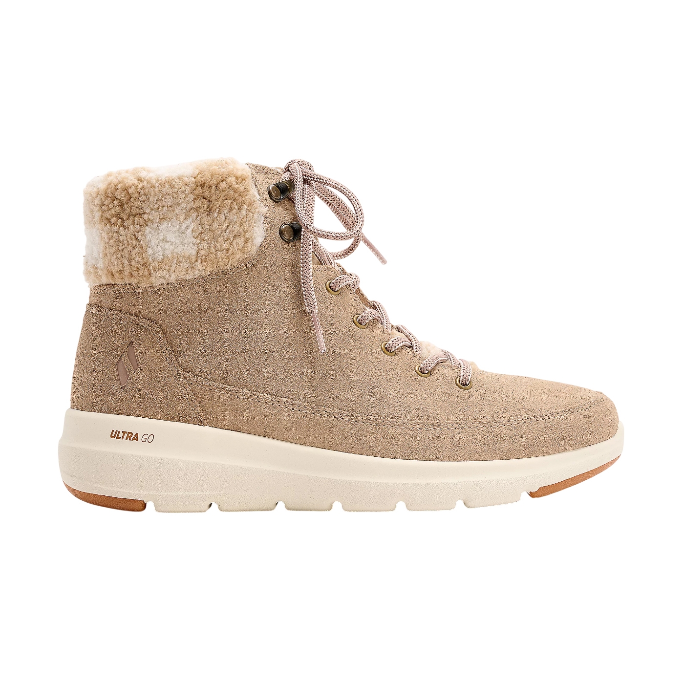 Tan ankle boot with a suede finish, lace-up design, and a plush, fleece-lined collar for comfort. The shoe features a beige ULTRA GO sole for cushioning.