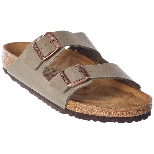 A taupe Birkenstock sandal featuring two adjustable straps with copper buckles, a cork footbed, and a dark rubber sole.