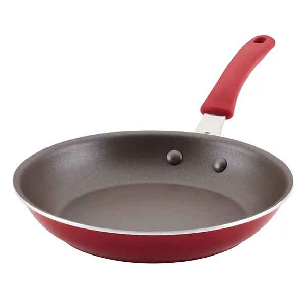 Rachael Ray 10\“ Frying Pan with a red exterior, nonstick gray interior, and a red handle.