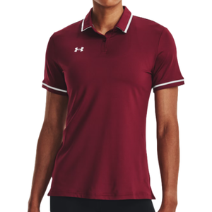A maroon Under Armour polo shirt with white trim on the collar and sleeves, featuring the brand's logo on the chest.