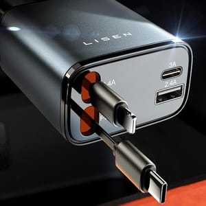 A charger with USB-C and USB-A ports supports 4A, 3A, and 2.4A outputs. Two cables are connected, one USB-C and one possibly Micro USB.