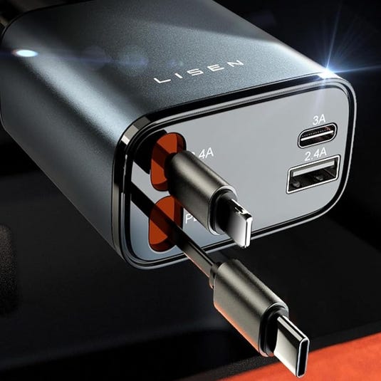 A charger with USB-C and USB-A ports supports 4A, 3A, and 2.4A outputs. Two cables are connected, one USB-C and one possibly Micro USB.