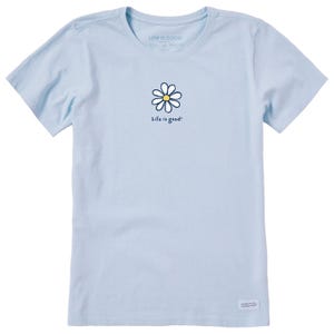 Light blue short-sleeve tee with a simple daisy graphic and the text \“Life is good.\“ below it.