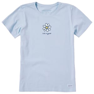 Light blue short-sleeve tee with a simple daisy graphic and the text \“Life is good.\“ below it.