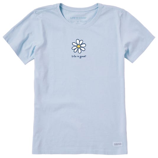 Light blue short-sleeve tee with a simple daisy graphic and the text \“Life is good.\“ below it.