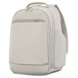 A light beige Samsonite backpack with multiple zippered compartments and a front pocket, featuring a sleek design and padded back straps.