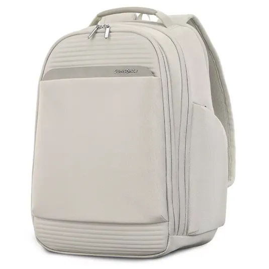 A light beige Samsonite backpack with multiple zippered compartments and a front pocket, featuring a sleek design and padded back straps.