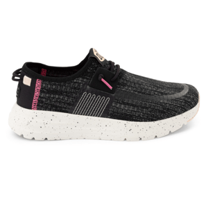 Hey Dude Sirocco Slip-On Shoes feature a black textured upper with pink accents, set on a white speckled sole. They have a casual, sporty design with lace-up details, providing a comfortable fit.