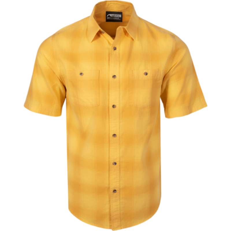 Yellow short sleeve woven shirt with a plaid pattern, featuring a button-up front, two chest pockets, and a collar.