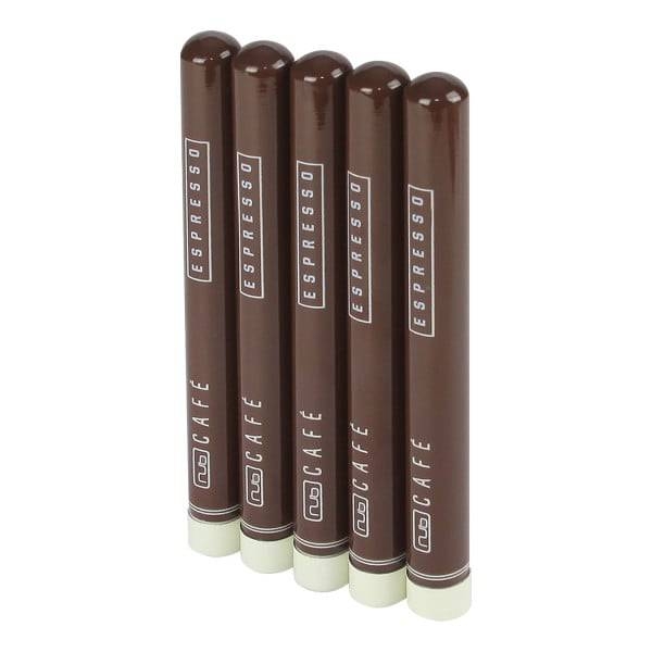 Five brown cigar-shaped electronic vaporizer sticks labeled \“Espresso\“ from NU Café.