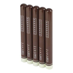 Five brown cigar-shaped electronic vaporizer sticks labeled \“Espresso\“ from NU Café.