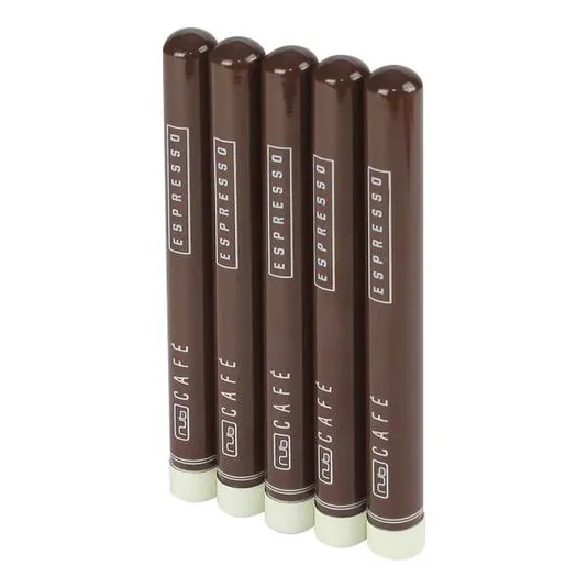 Five brown cigar-shaped electronic vaporizer sticks labeled \“Espresso\“ from NU Café.
