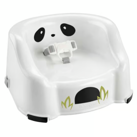 White booster seat with panda face design, featuring safety straps and non-slip feet.