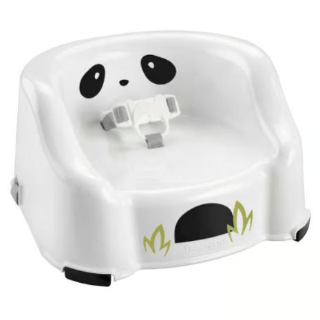 White booster seat with panda face design, featuring safety straps and non-slip feet.