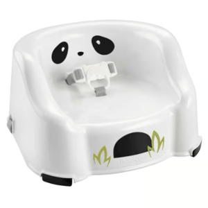 White booster seat with panda face design, featuring safety straps and non-slip feet.