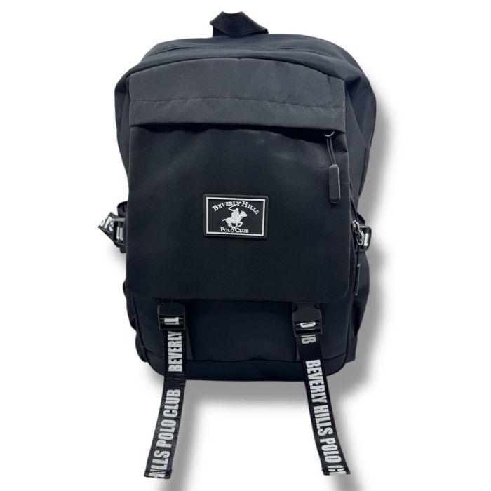 Black Beverly Hills Polo Club backpack with adjustable straps and a front flap pocket, featuring the brand's logo.