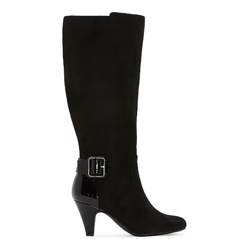 Black knee-high boot with a pointed toe, cone-shaped heel, and decorative buckle detail at the ankle.