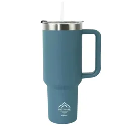 A blue Tru Flask 40oz tumbler with a handle and lid, featuring a straw for easy sipping.