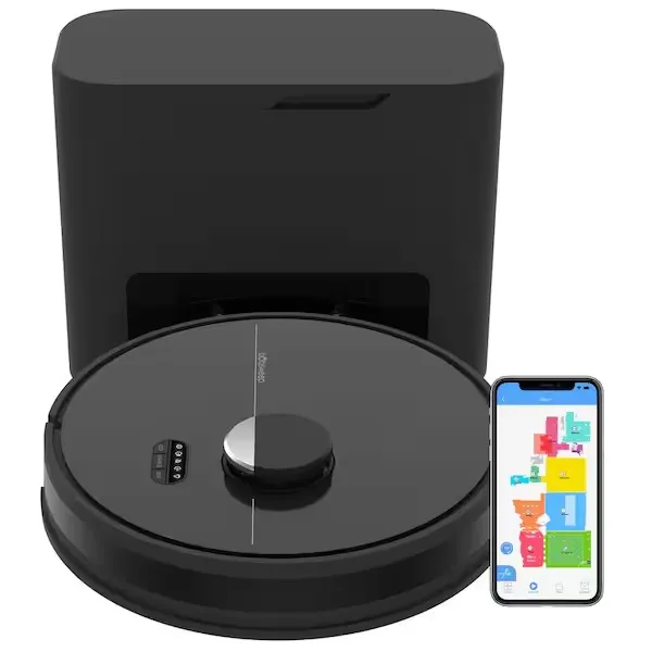 A robotic vacuum cleaner with a self-emptying base and a smartphone displaying a floor plan for navigation control.