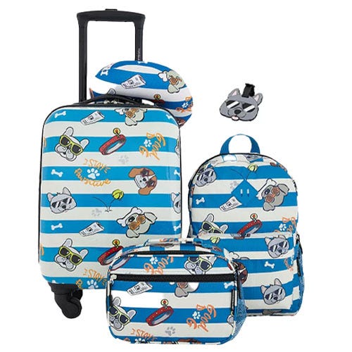 Kids' luggage set with blue and white stripes featuring cartoon dog designs, including a rolling suitcase, backpack, toiletry bag, neck pillow, and luggage tag.