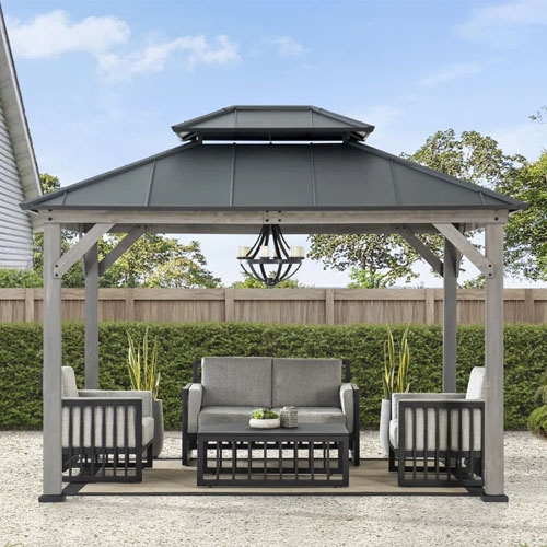 A Solid Wood Gazebo with Steel Roof