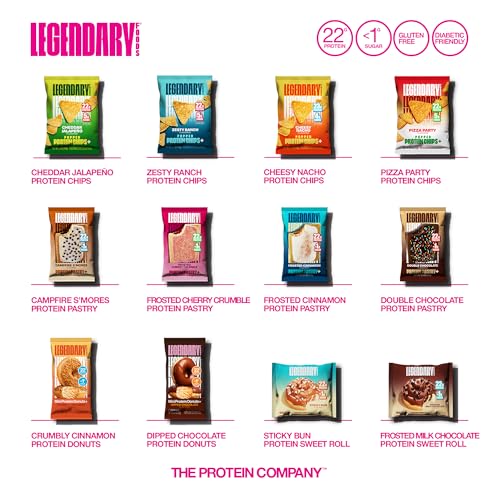 Legendary Foods offers protein snacks: Cheddar Jalapeño, Zesty Ranch, Cheesy Nacho, and Pizza Party protein chips, plus Protein Pastries in flavors like Campfire S'mores, Frosted Cherry, Frosted Cinnamon, and Double Chocolate, alongside donuts and a sweet roll.