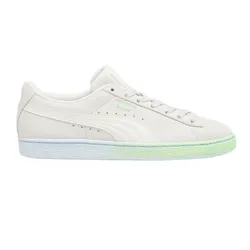 Puma Suede Classic sneaker in white with light green gradient sole and Puma branding.