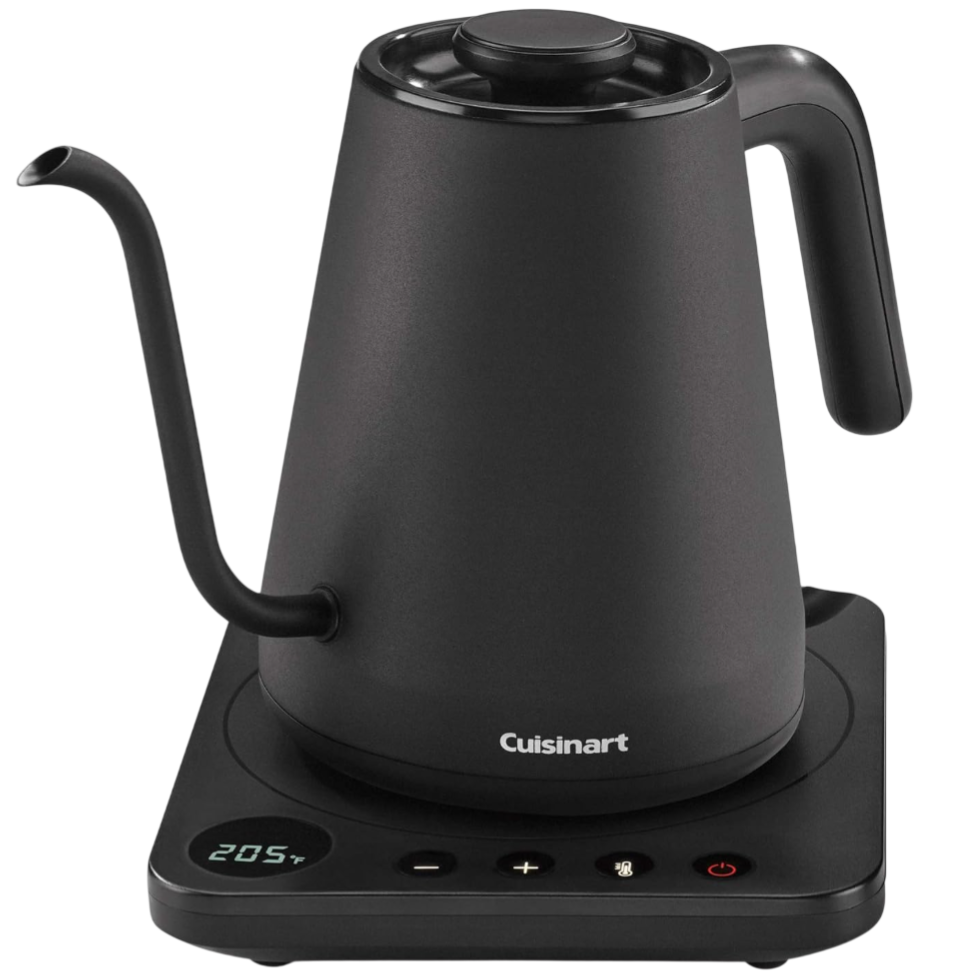 Cuisinart electric gooseneck kettle with temperature control base, displayed at 205°F.