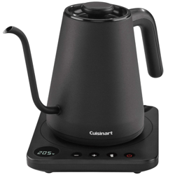 Cuisinart electric gooseneck kettle with temperature control base, displayed at 205°F.