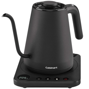 Cuisinart electric gooseneck kettle with temperature control base, displayed at 205°F.
