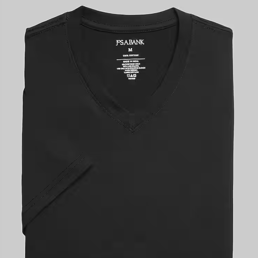 Three-pack of Jos. A. Bank V-neck shirts, black in color with a visible tag at the collar displaying the brand name and size information.