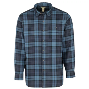 Blue and black plaid long-sleeve button-up shirt with a collar and chest pocket.