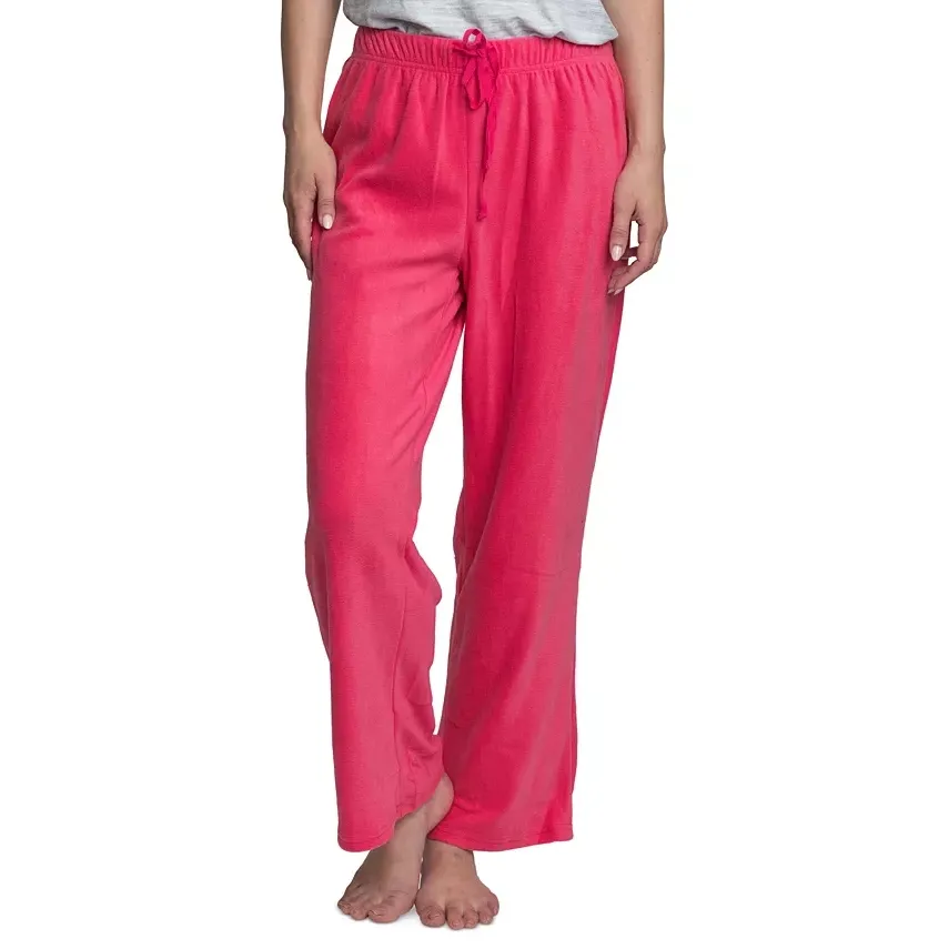 Pink lounge pants with a drawstring waist and side pockets.